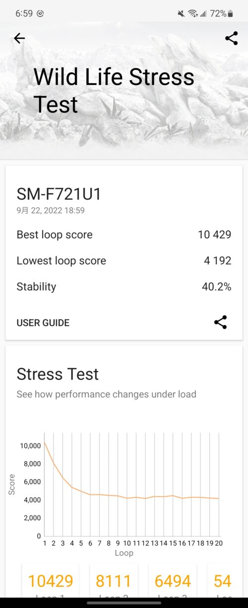 Galaxy Z Flip4の3D Mark(Wild Life Stress Test)スコア